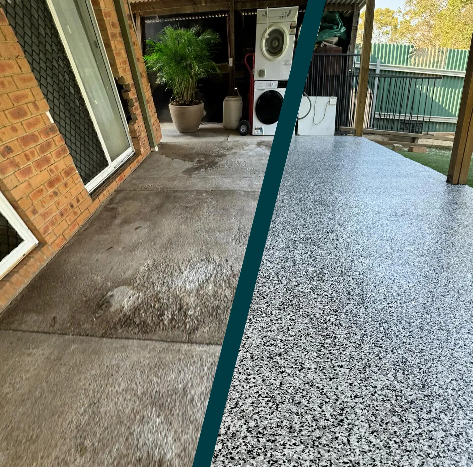 A before and after composite photo of an epoxy floor