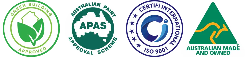 Our Epoxy is Green Building Approved, Australian Paint Approval Scheme, Certifi International ISO9001, Australian Made and Owned Badges for Green Building Approved, APAS certified, ISO9001, Australian Made and Owned