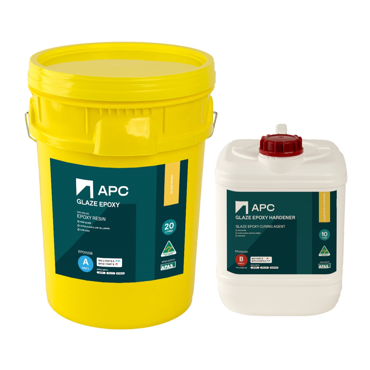 A large yelllow plastic bucket of Epoxy Glaze Part A and a white pour bottle of Glaze hardener Part B with a red lid